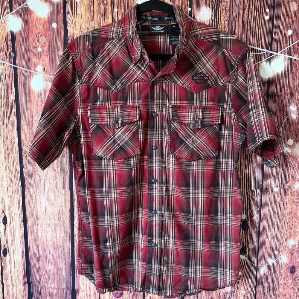 Harley-Davidson Red and Black Plaid Pearl Button Down 100% Cotton Western Shirt